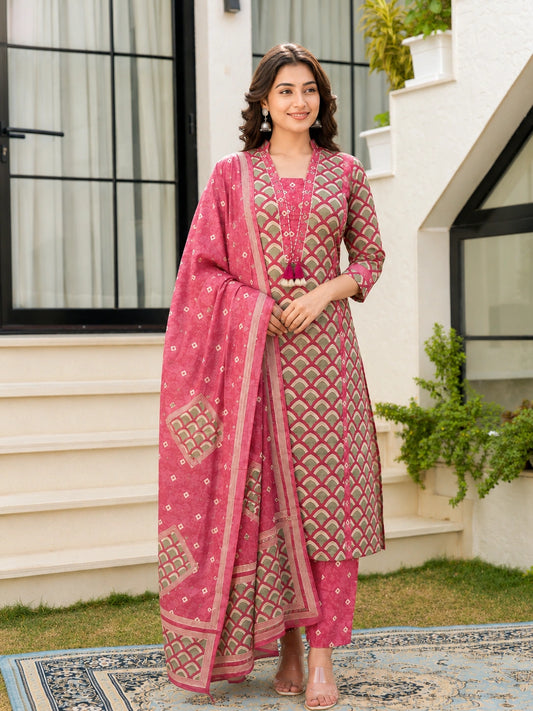 Dusty Pink Cotton Printed Suit Set for Women with Dupatta