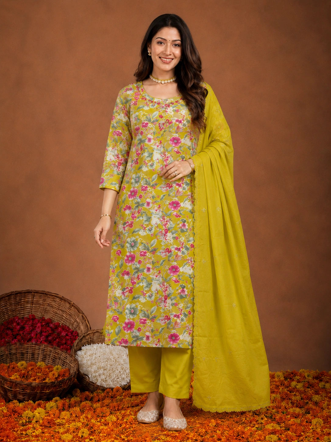 Yellow Silk Blend Suit Set with Dupatta for Women