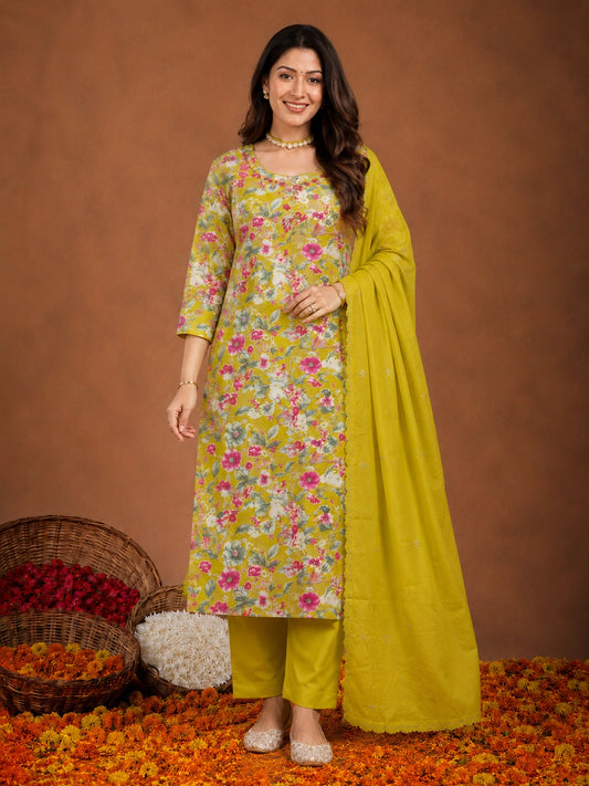 Yellow Silk Blend Suit Set with Dupatta for Women