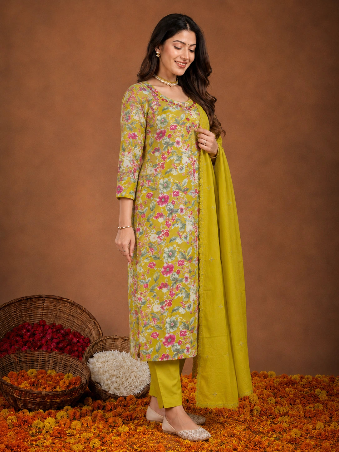 Yellow Silk Blend Suit Set with Dupatta for Women