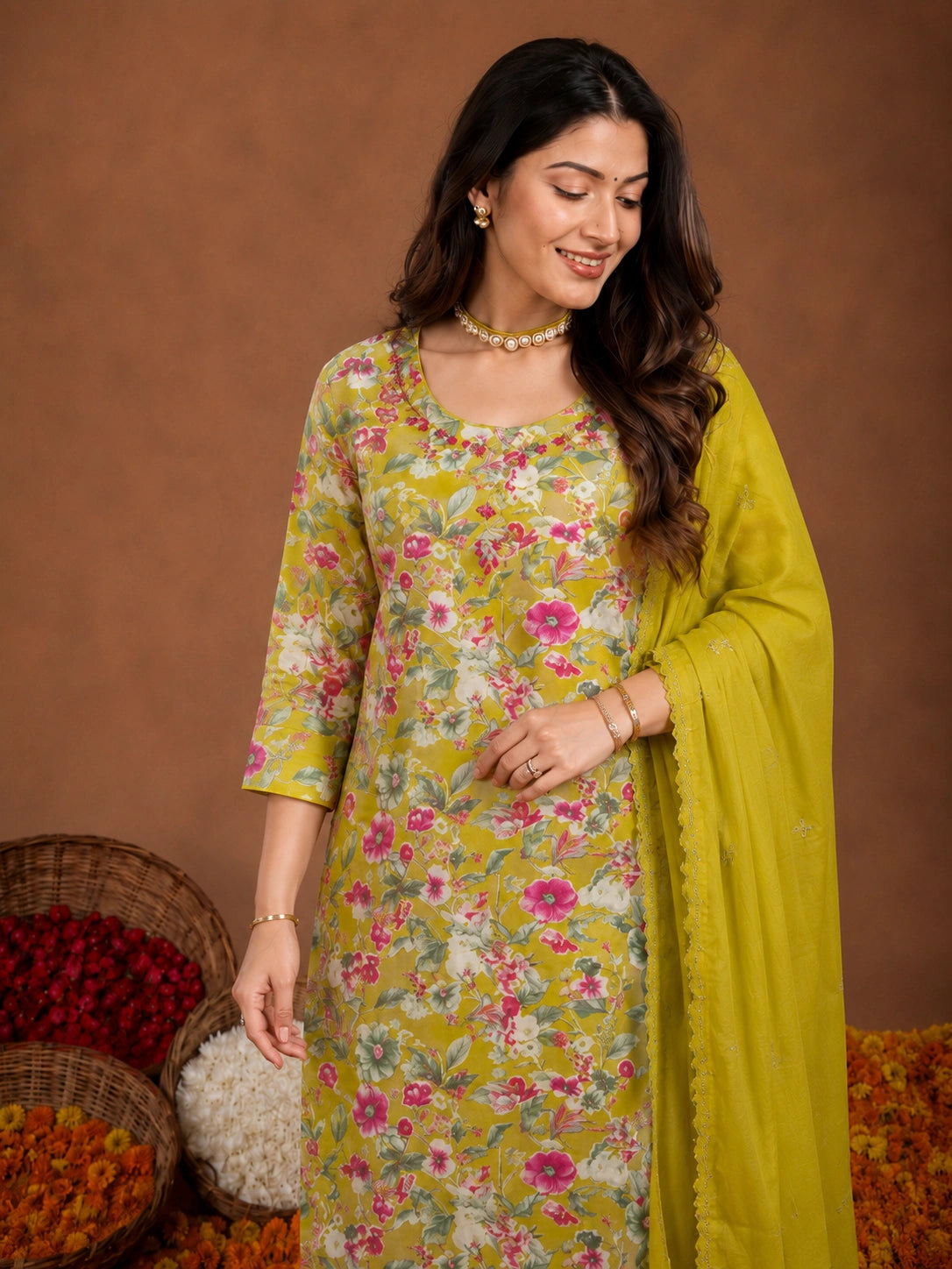 Yellow Silk Blend Suit Set with Dupatta for Women