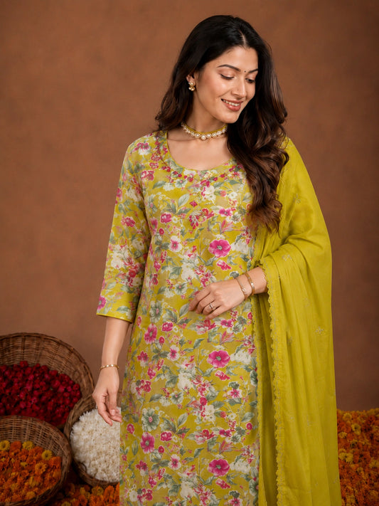 Yellow Silk Blend Suit Set with Dupatta for Women