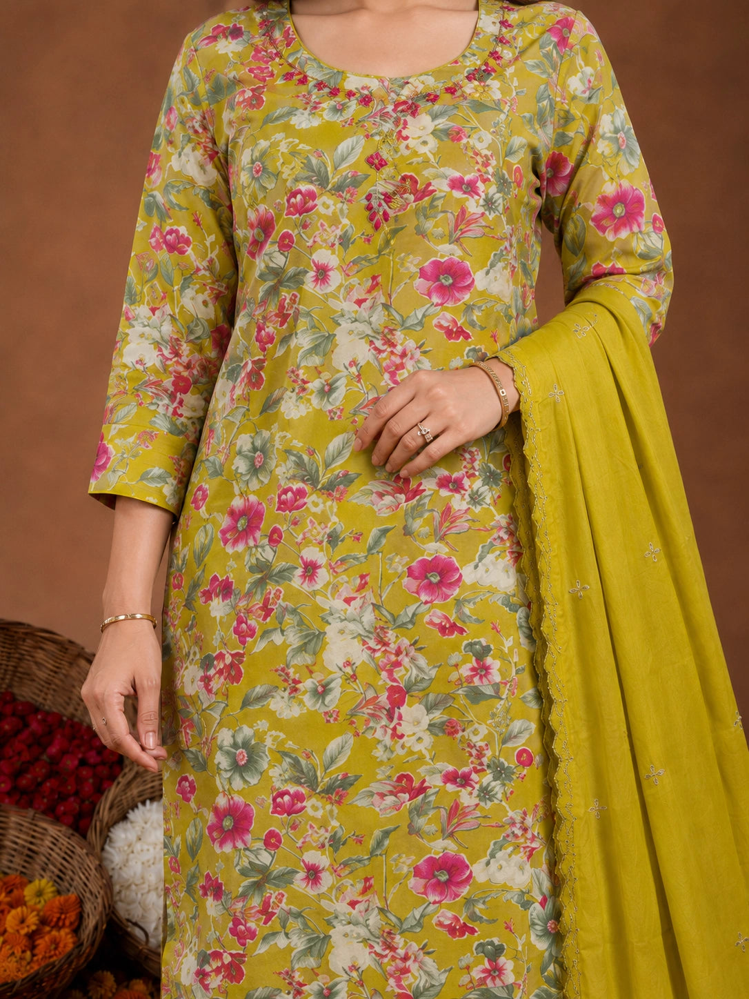 Yellow Silk Blend Suit Set with Dupatta for Women