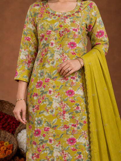 Yellow Silk Blend Suit Set with Dupatta for Women