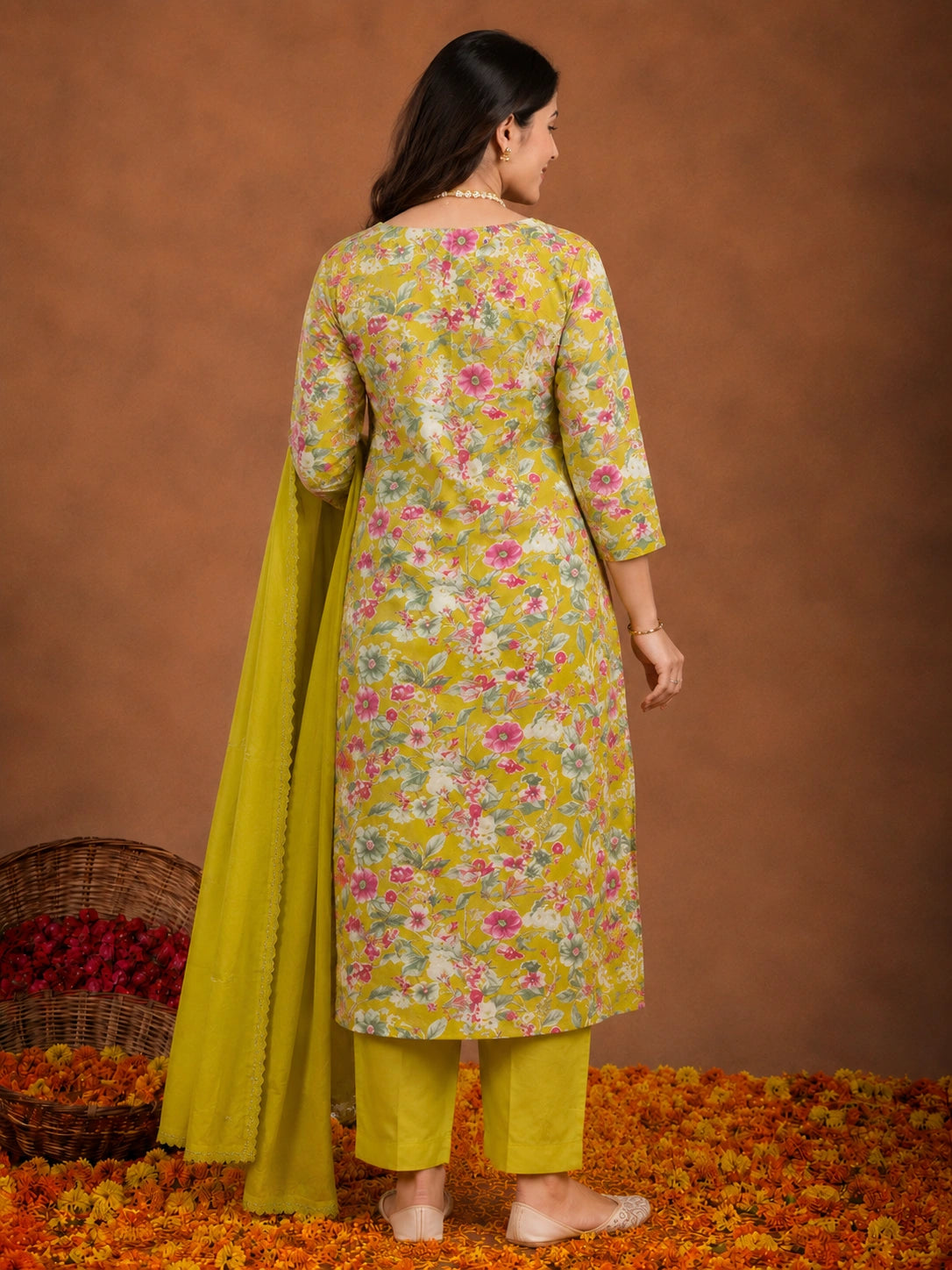Yellow Silk Blend Suit Set with Dupatta for Women
