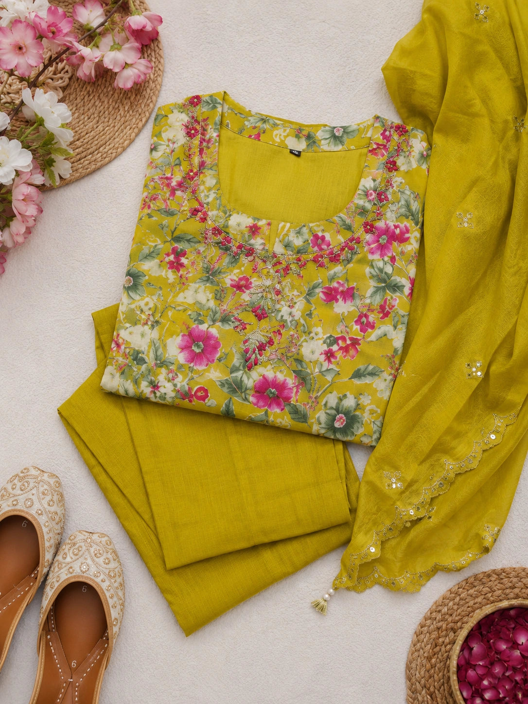 Yellow Silk Blend Suit Set with Dupatta for Women