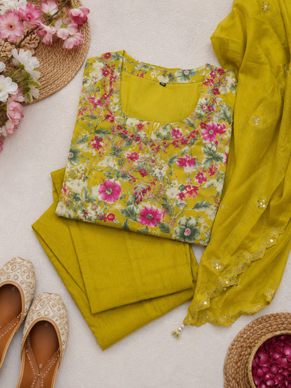 Yellow Silk Blend Suit Set with Dupatta for Women