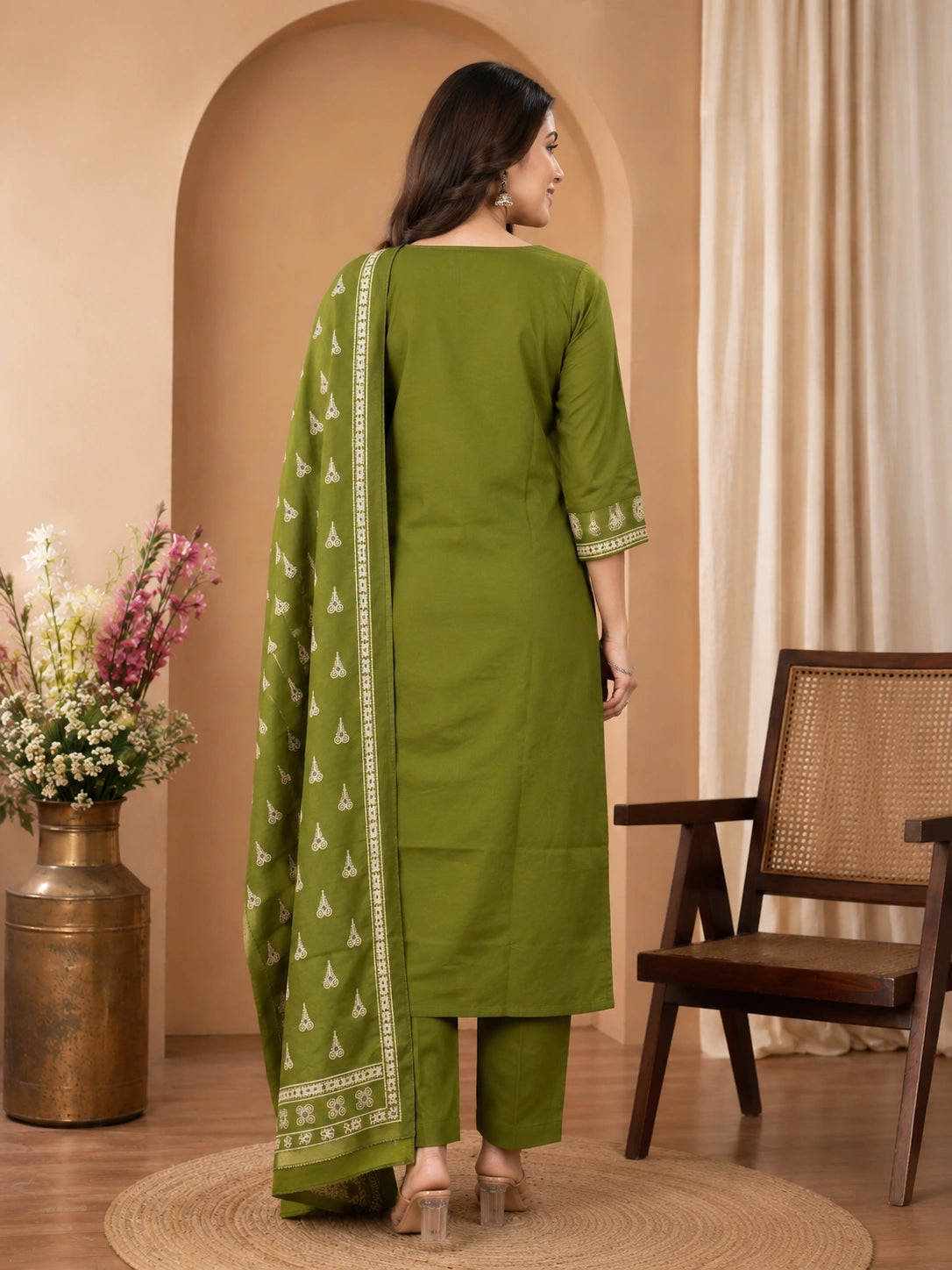 Green Cotton Kurta Set with Pant and Dupatta for Women