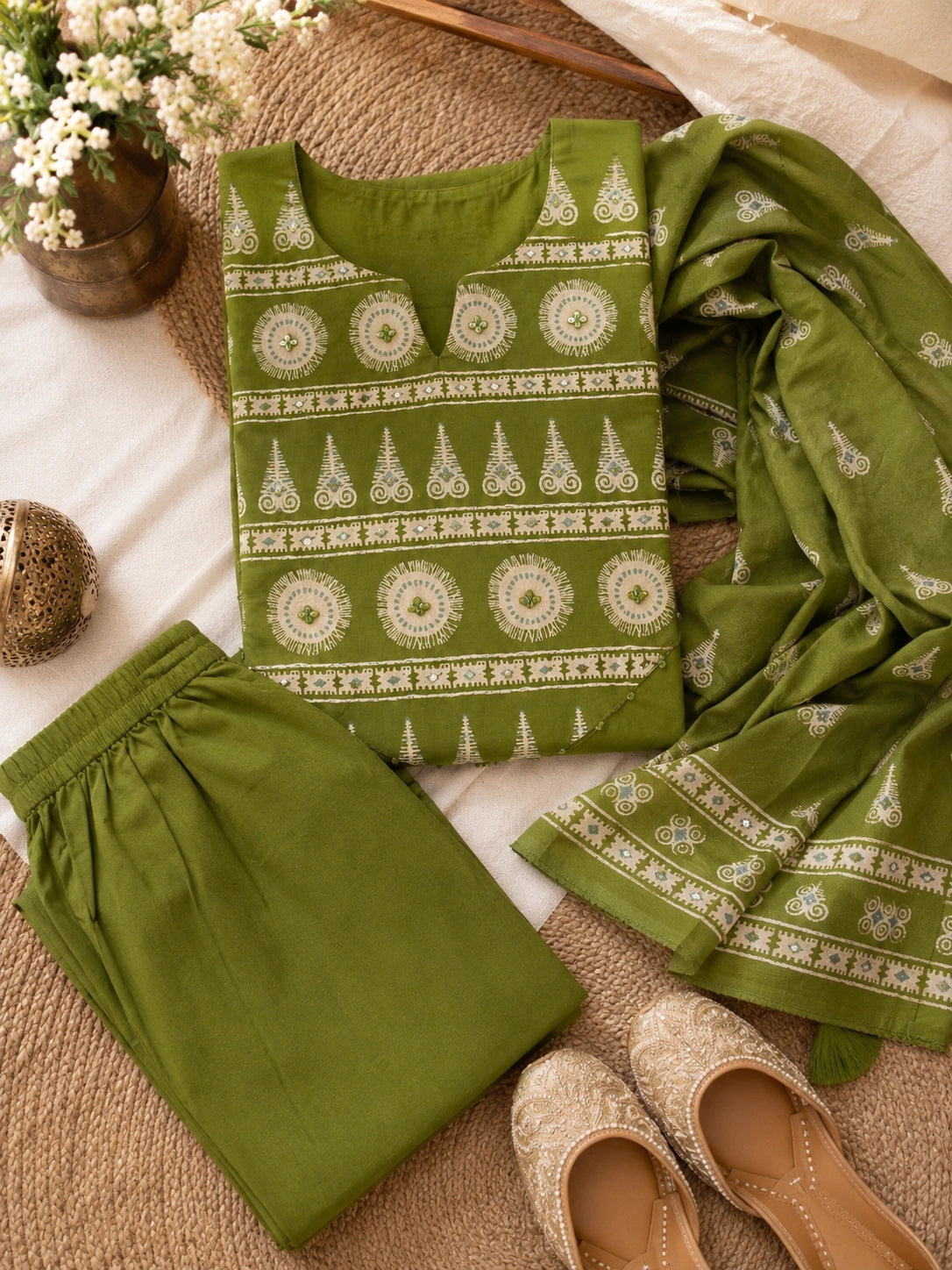 Green Cotton Kurta Set with Pant and Dupatta for Women