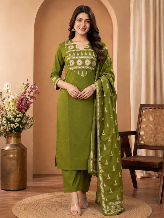Green Cotton Kurta Set with Pant and Dupatta for Women