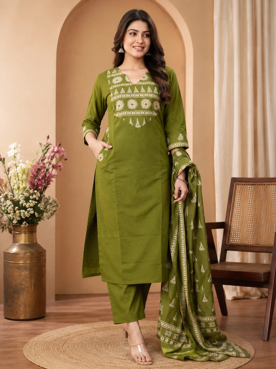 Green Cotton Kurta Set with Pant and Dupatta for Women