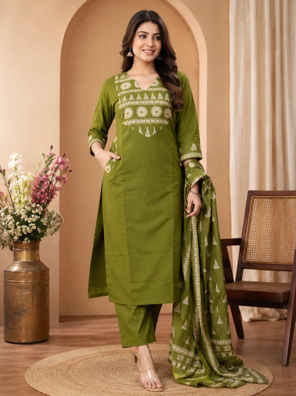 Green Cotton Kurta Set with Pant and Dupatta for Women
