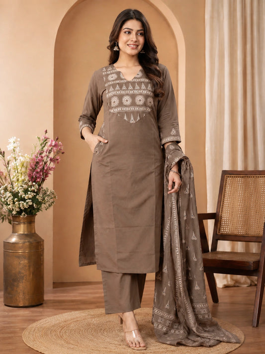 Grey Cotton Kurta Set with Dupatta