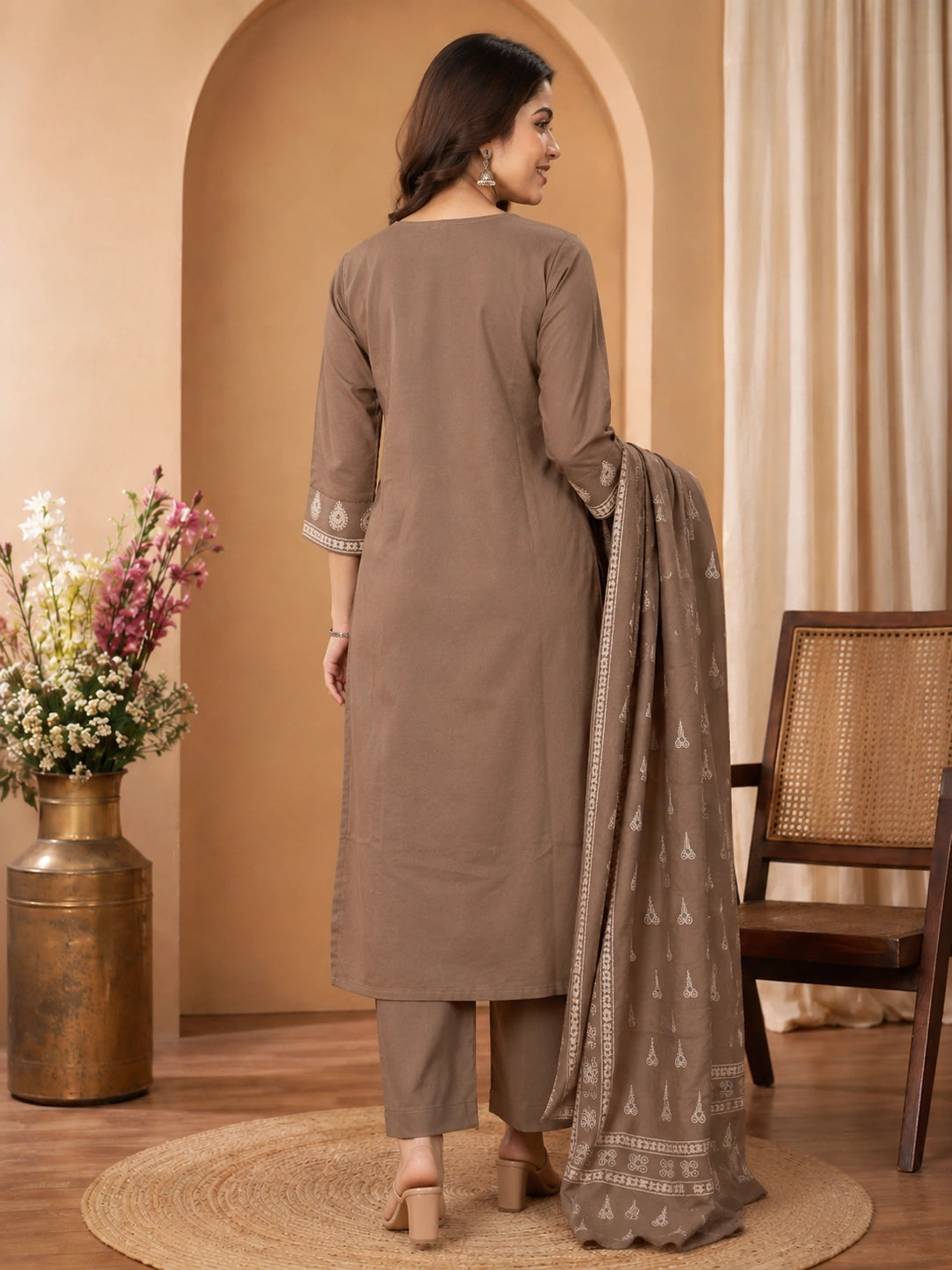 Grey Cotton Kurta Set with Dupatta