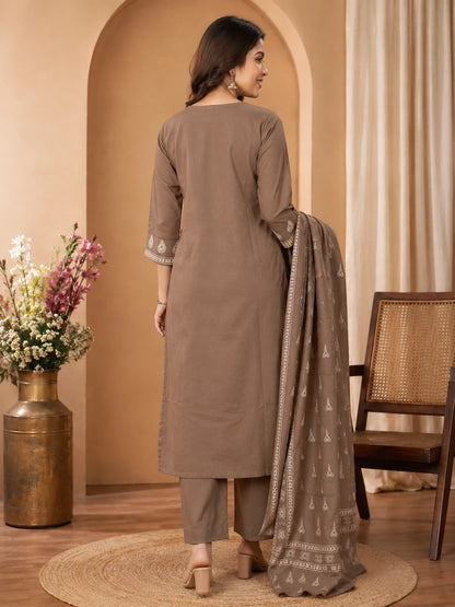 Grey Cotton Kurta Set with Dupatta