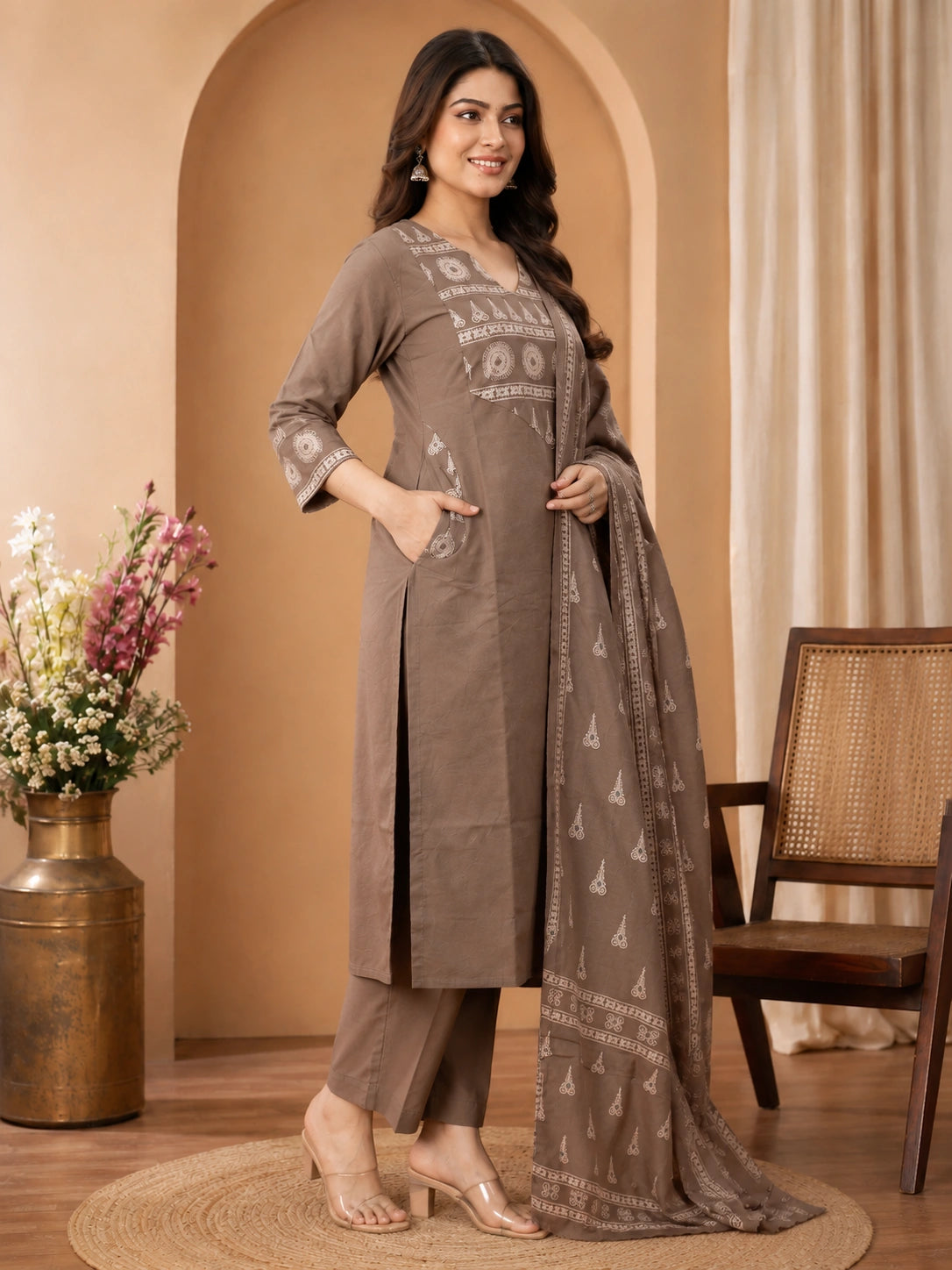 Grey Cotton Kurta Set with Dupatta