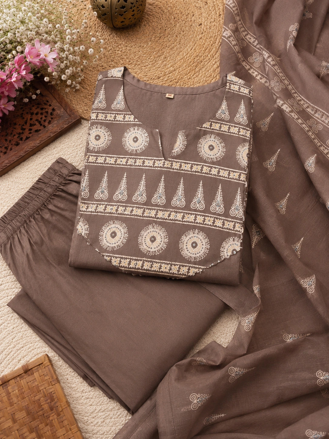 Grey Cotton Kurta Set with Dupatta