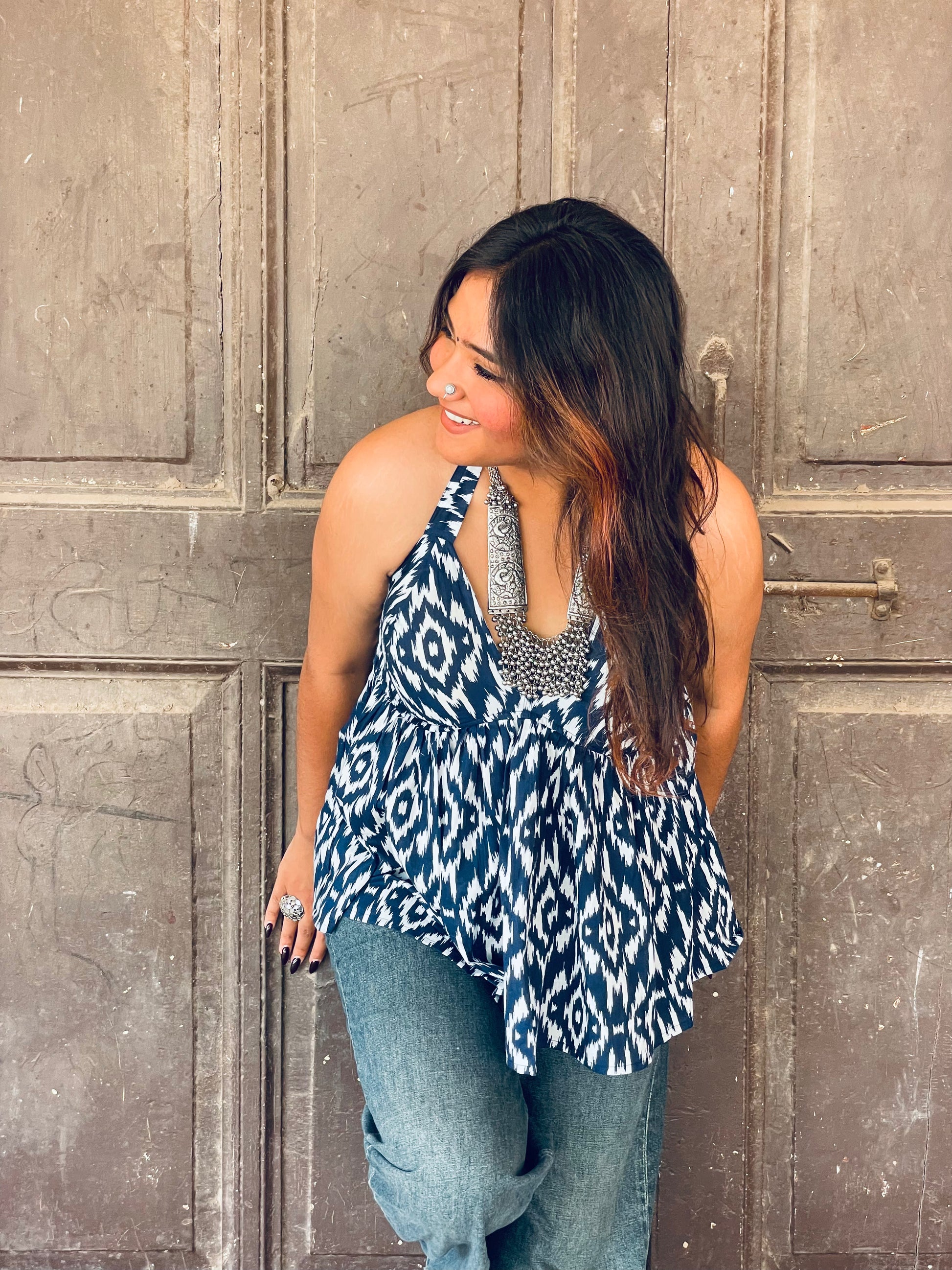 Blue IKat Halter Neck Top - Ramya
