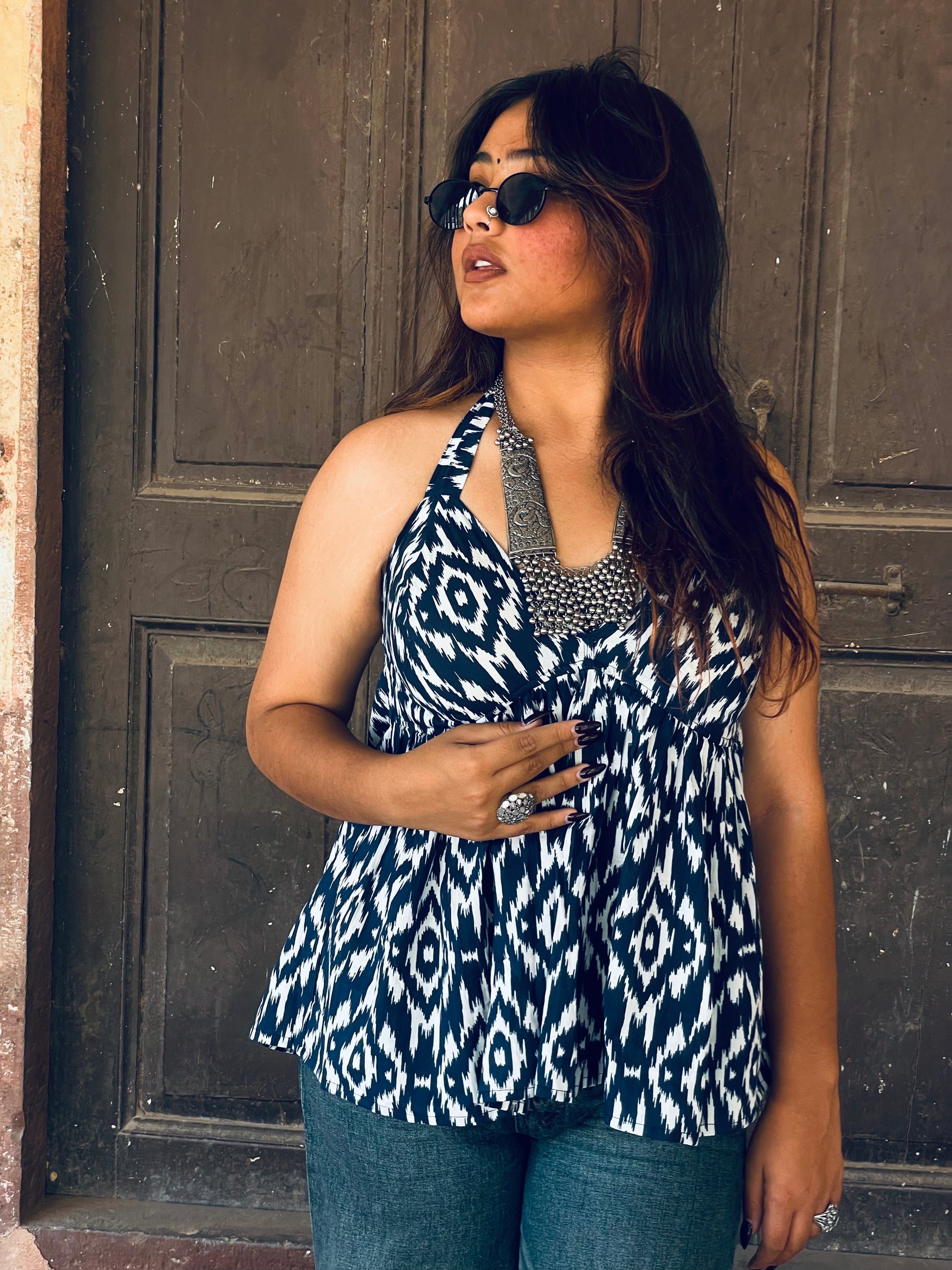 Blue IKat Halter Neck Top - Ramya