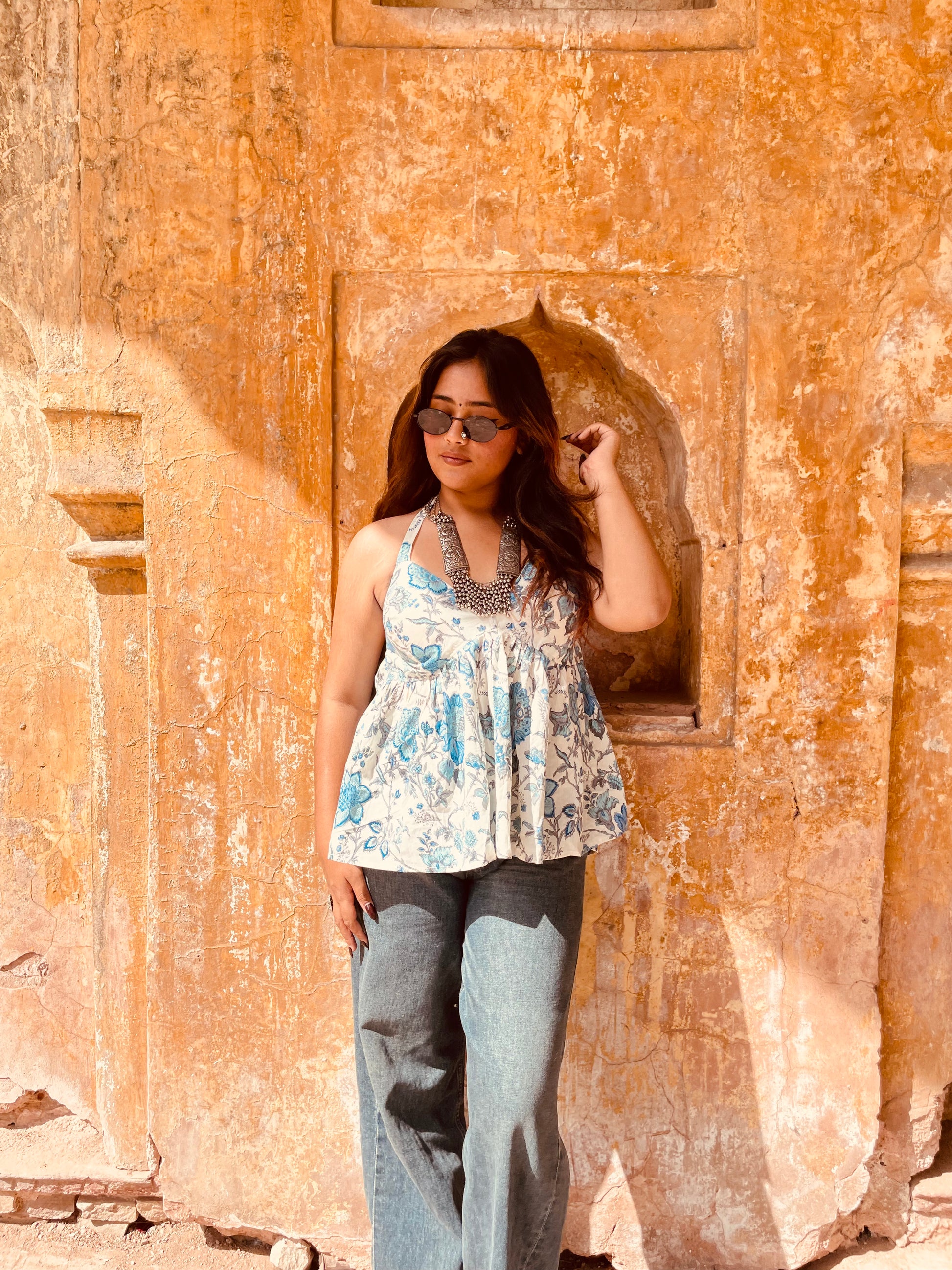 White Blue Jaal Halter Neck Top - Ramya