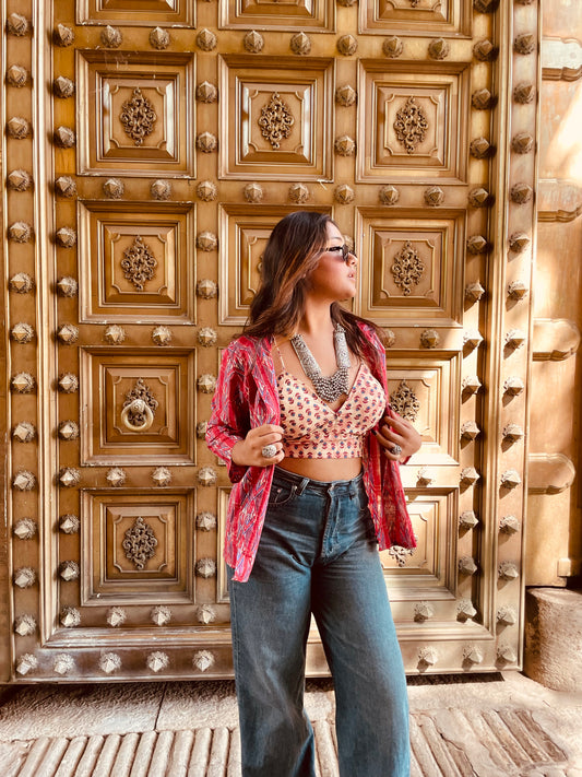 Red Printed Shirt & Bralette Combo - Ramya