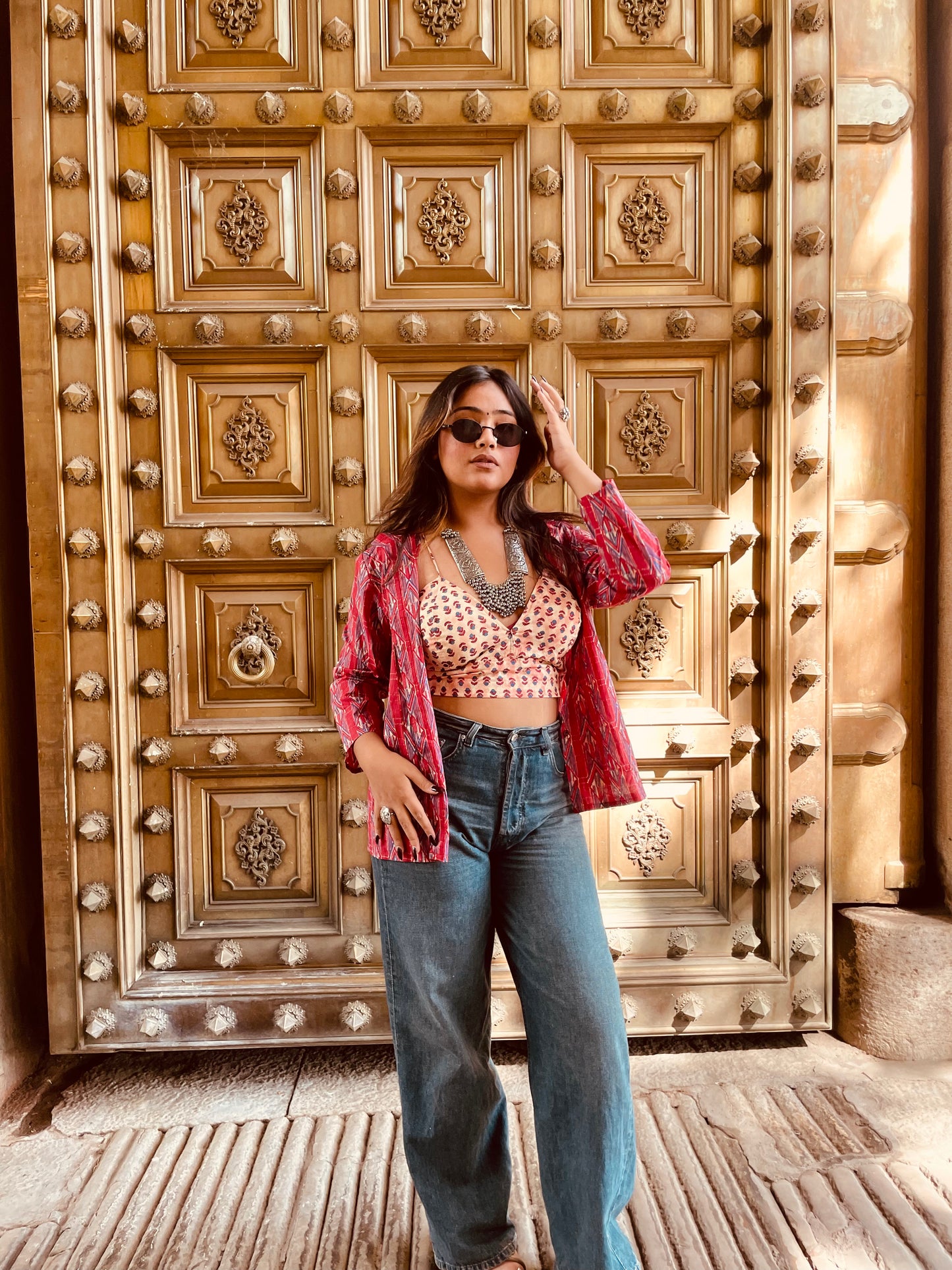 Red Printed Shirt & Bralette Combo - Ramya