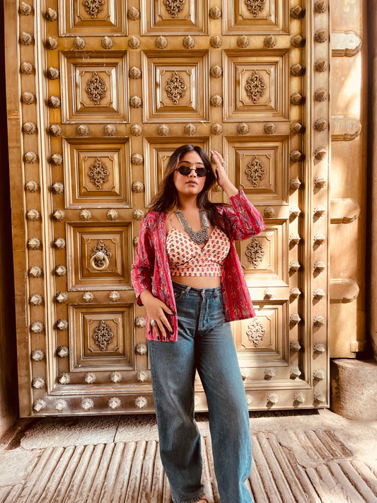 Red Printed Shirt & Bralette Combo - Ramya