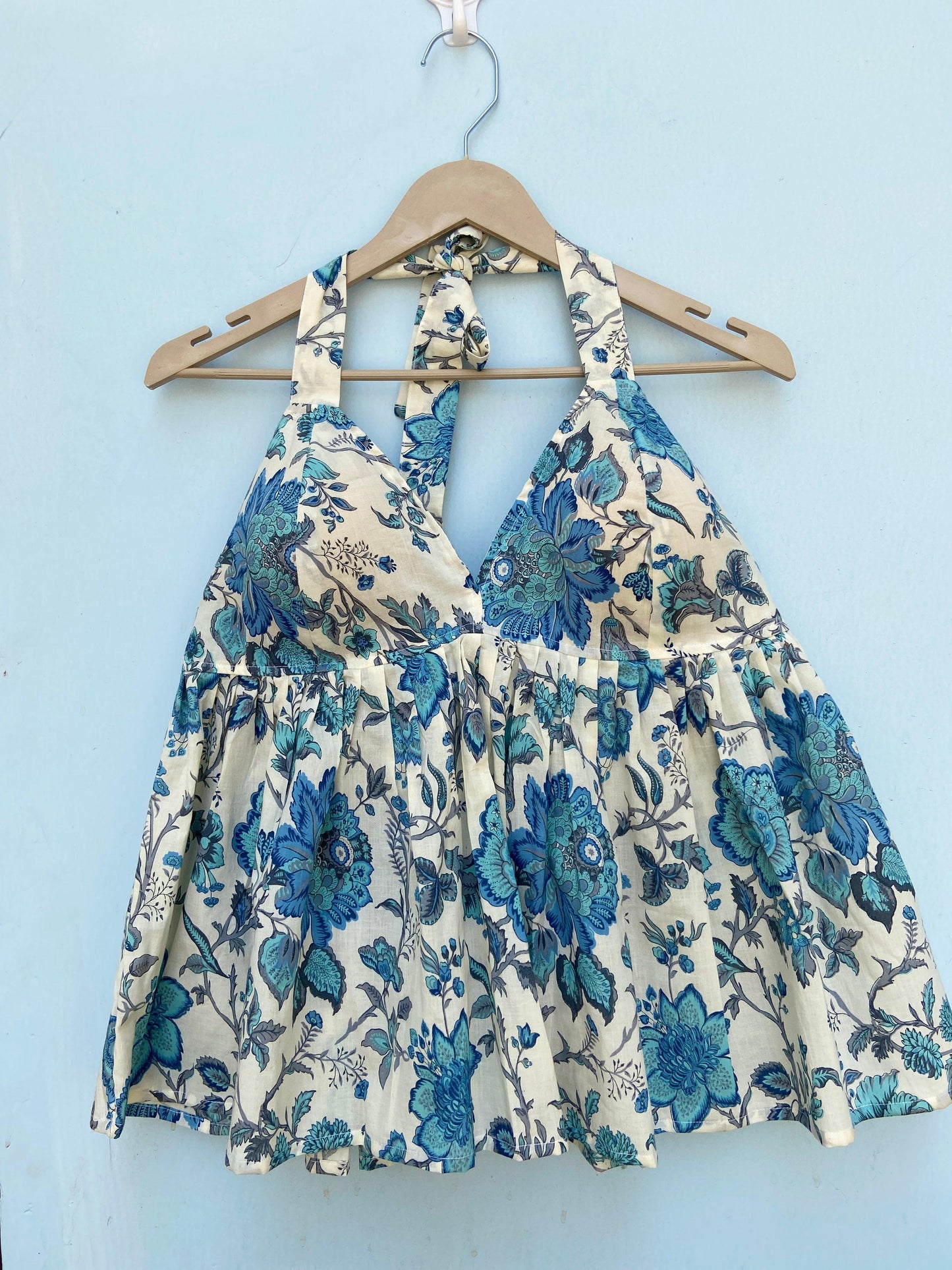 White Blue Jaal Halter Neck Top - Ramya