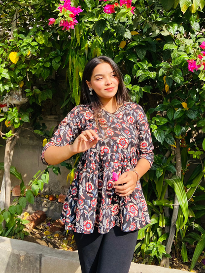 Black-Red Flared Short Kurti - Ramya