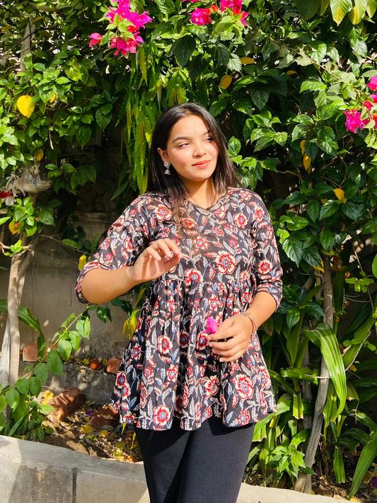 Black-Red Flared Short Kurti - Ramya
