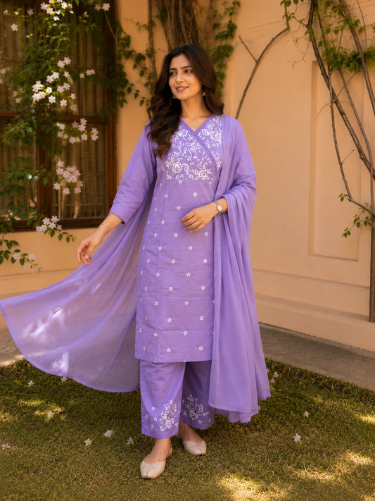 Lavender Embroidered Kurta Set with Dupatta