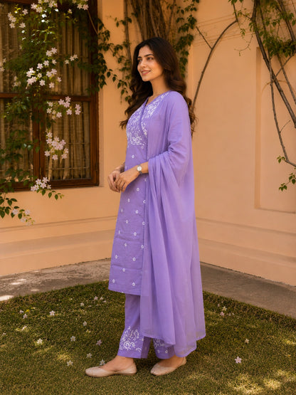 Lavender Embroidered Kurta Set with Dupatta