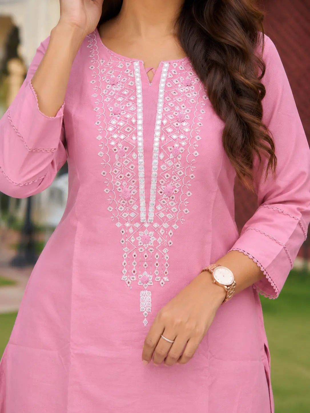 Embroidered Cotton Co-ord Set with Wide-Leg Pants