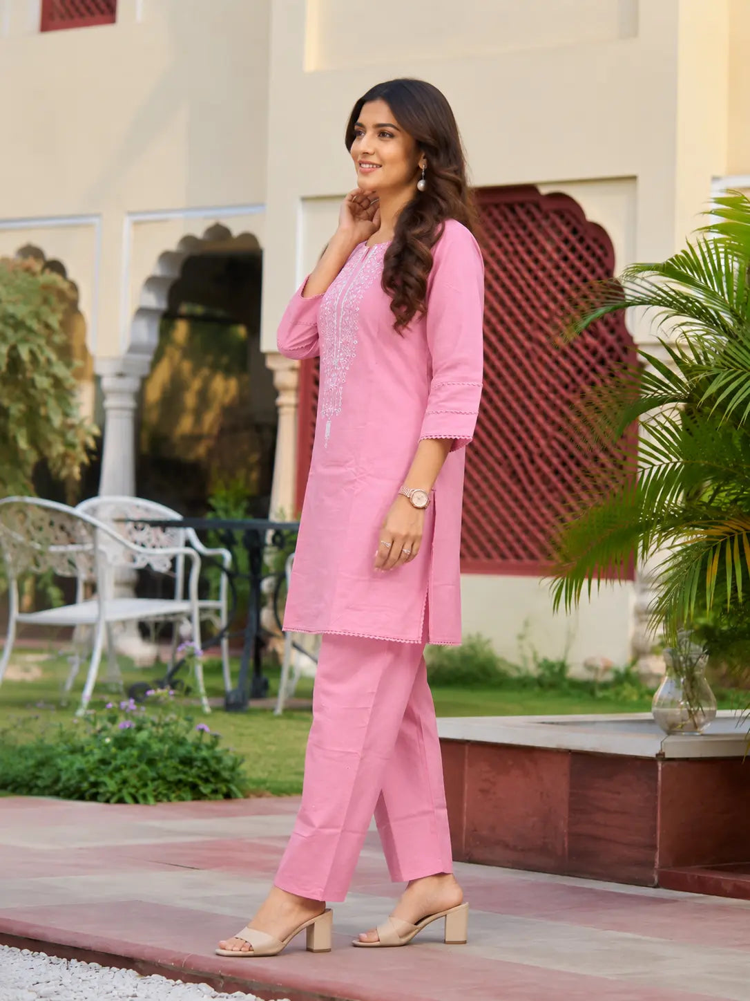 Women's Light Pink V-Neck Cotton Co-ord Set