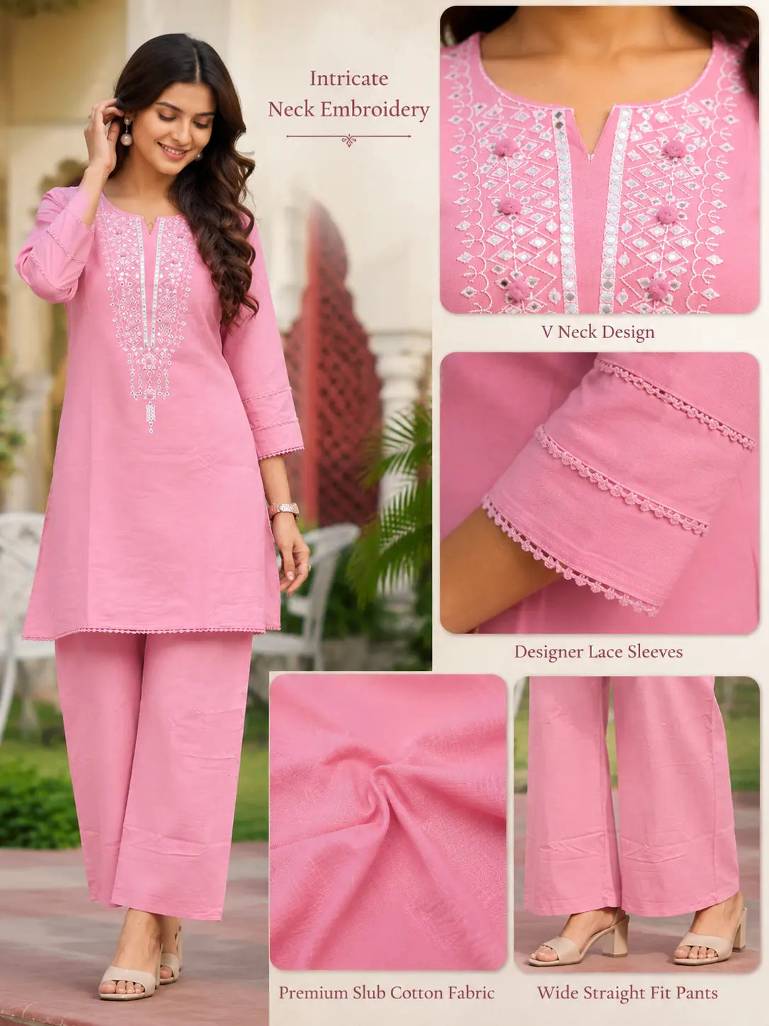Light Pink Cotton Embroidered Co-ord Set for Women