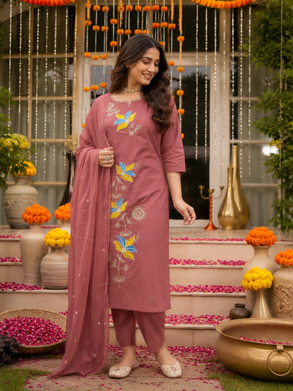 Mauve Pink Embroidered Cotton Kurta Set