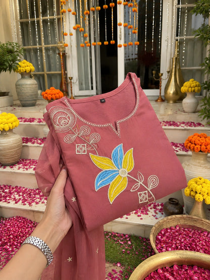 Mauve Pink Embroidered Cotton Kurta Set