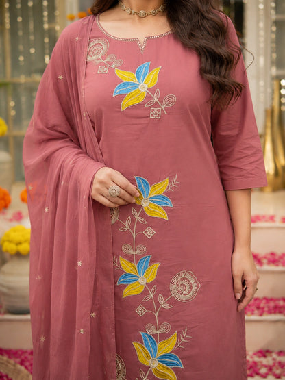 Mauve Pink Embroidered Cotton Kurta Set