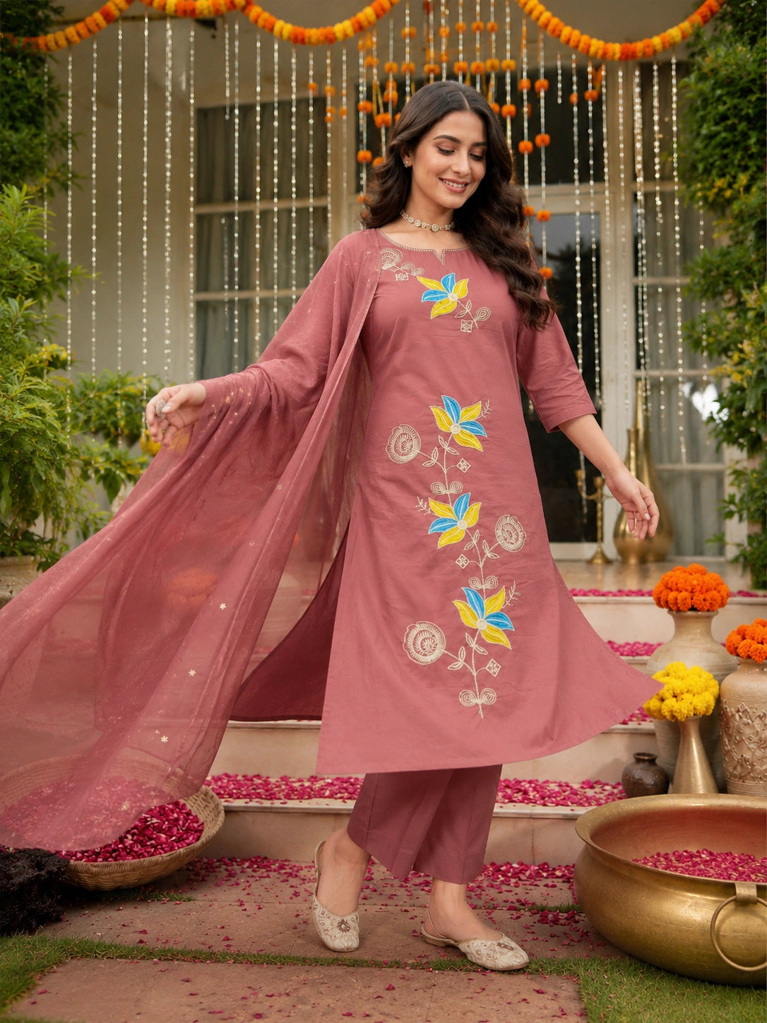 Mauve Pink Embroidered Cotton Kurta Set