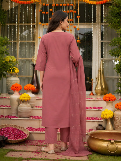Mauve Pink Embroidered Cotton Kurta Set