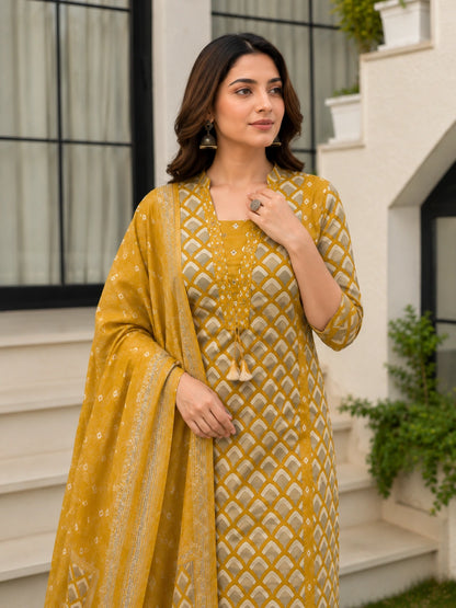 Mustard Cotton Printed Suit Set for Women with Dupatta