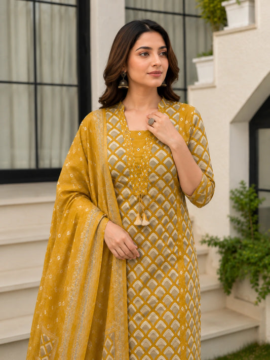 Mustard Cotton Printed Suit Set for Women with Dupatta