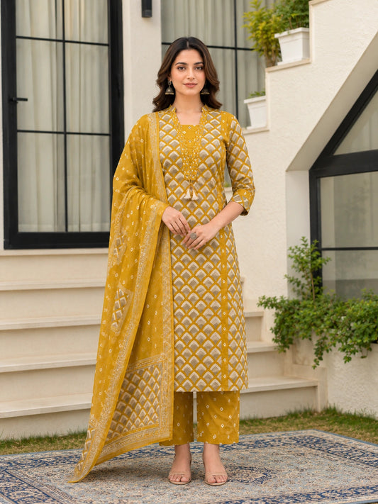 Mustard Cotton Printed Suit Set for Women with Dupatta