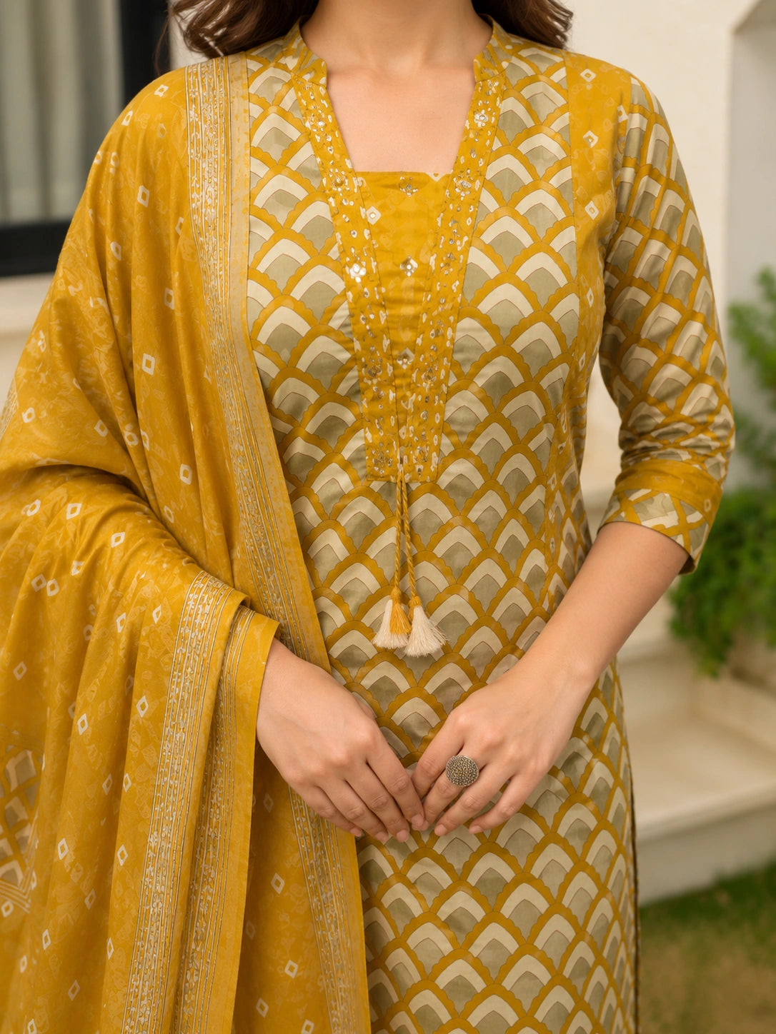 Mustard Cotton Printed Suit Set for Women with Dupatta