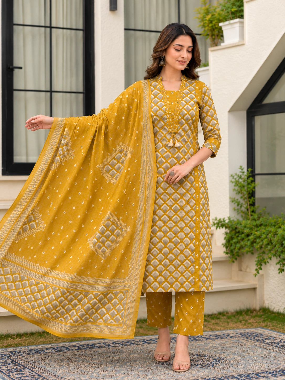 Mustard Cotton Printed Suit Set for Women with Dupatta