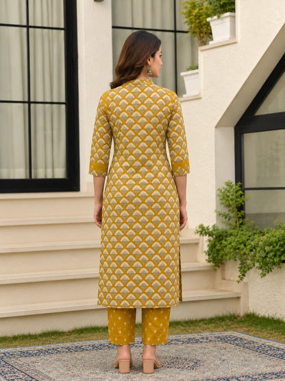 Mustard Cotton Printed Suit Set for Women with Dupatta