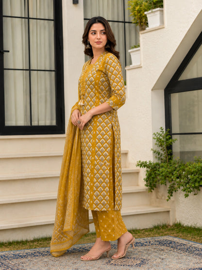 Mustard Cotton Printed Suit Set for Women with Dupatta