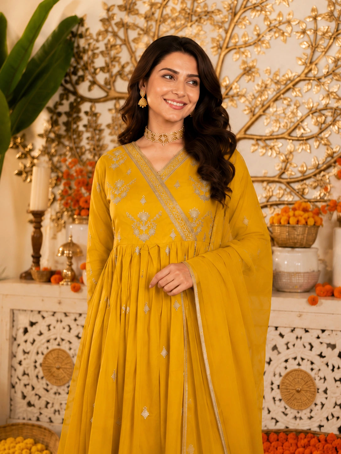 mustard Anarkali suit set for women