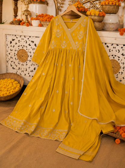 Mustard Cotton Embroidered Anarkali Kurta Set for Women with Dupatta