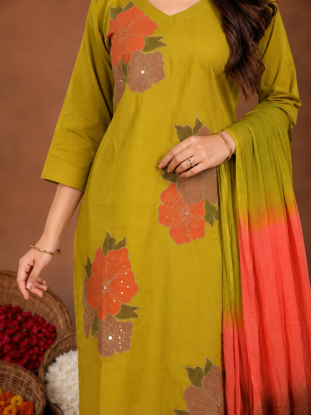 Mustard cotton-silk-blend embroidered kurta with pant and dupatta